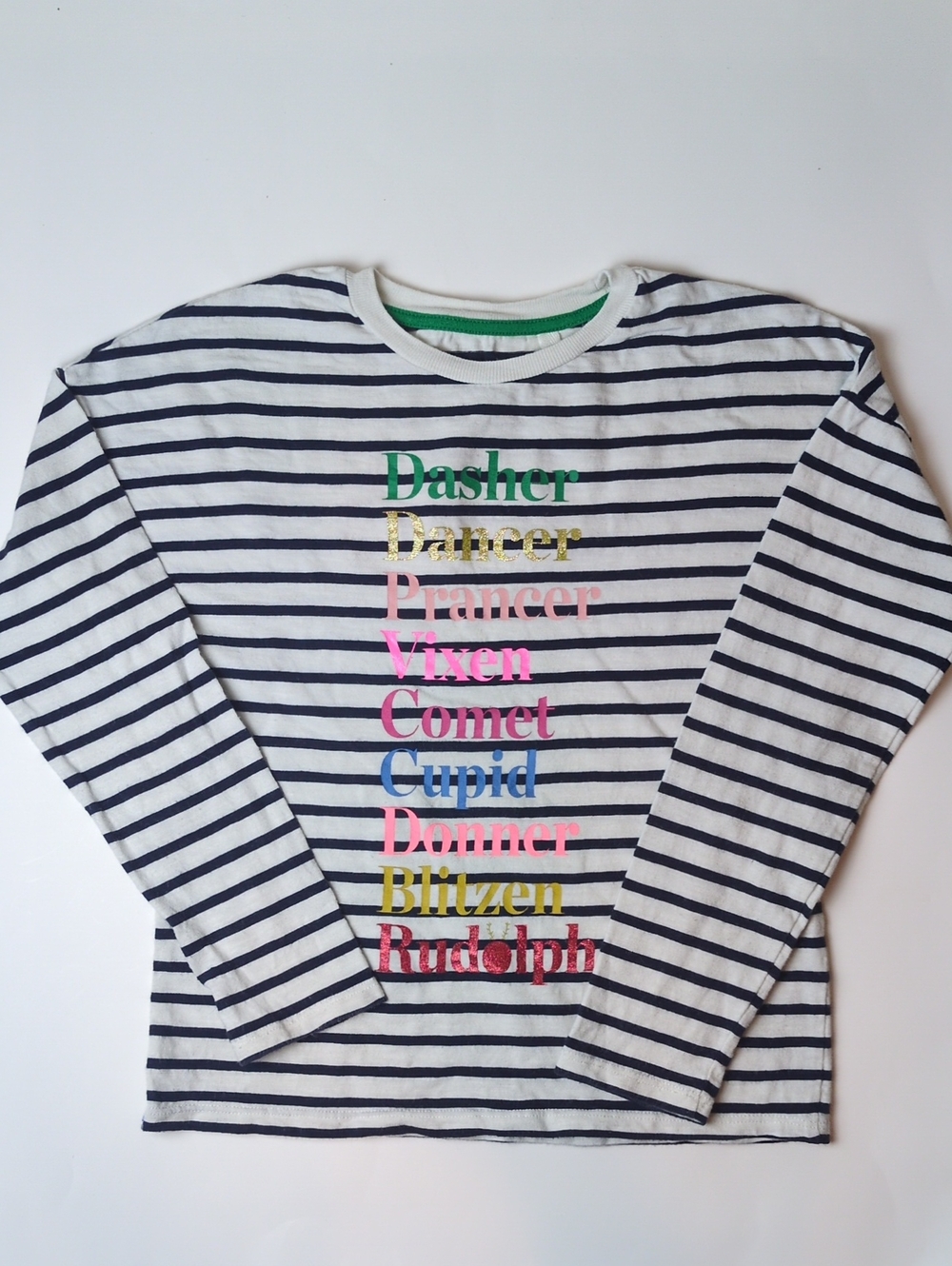 Boden Girl's Nautical Navy White Stripe Crewneck T-shirt Reindeer Names Size 8/9